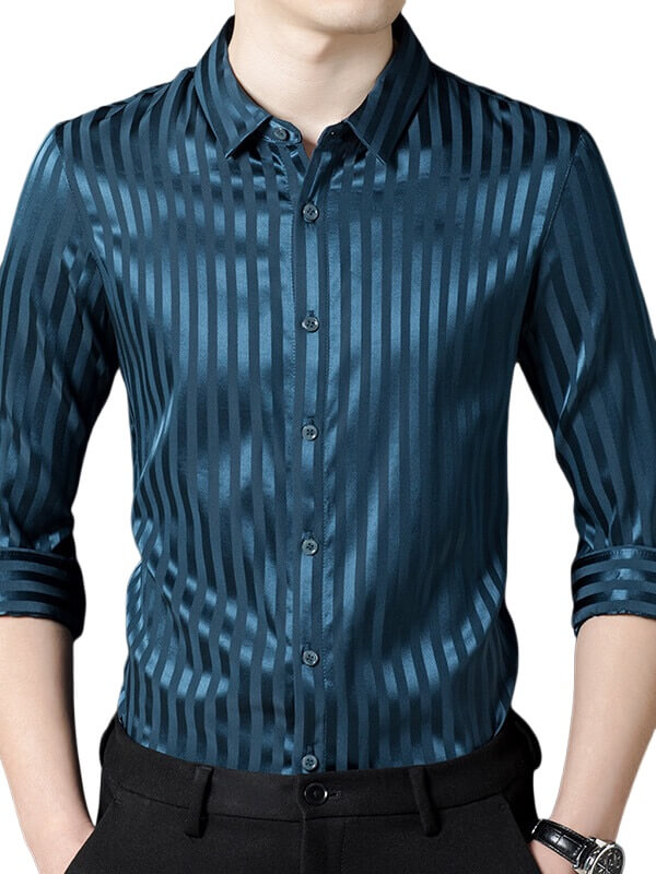Striped Jacquard Long Sleeve Men's Stretch Silk Dress Shirt