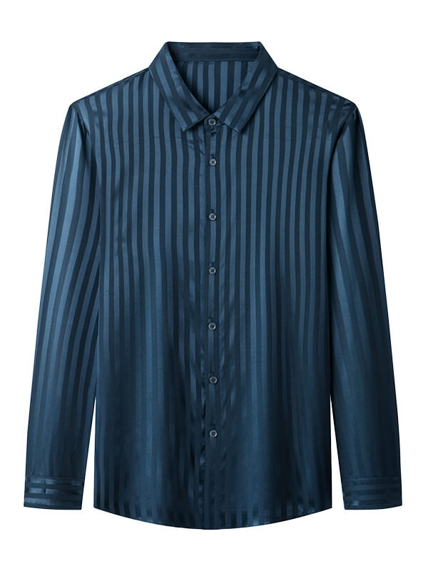 Striped Jacquard Long Sleeve Men's Stretch Silk Dress Shirt