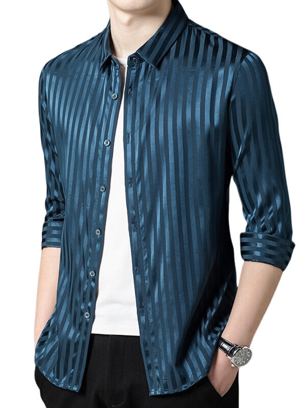 Striped Jacquard Long Sleeve Men's Stretch Silk Dress Shirt