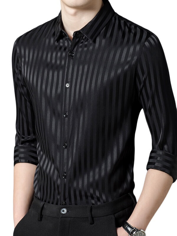 Striped Jacquard Long Sleeve Men's Stretch Silk Dress Shirt