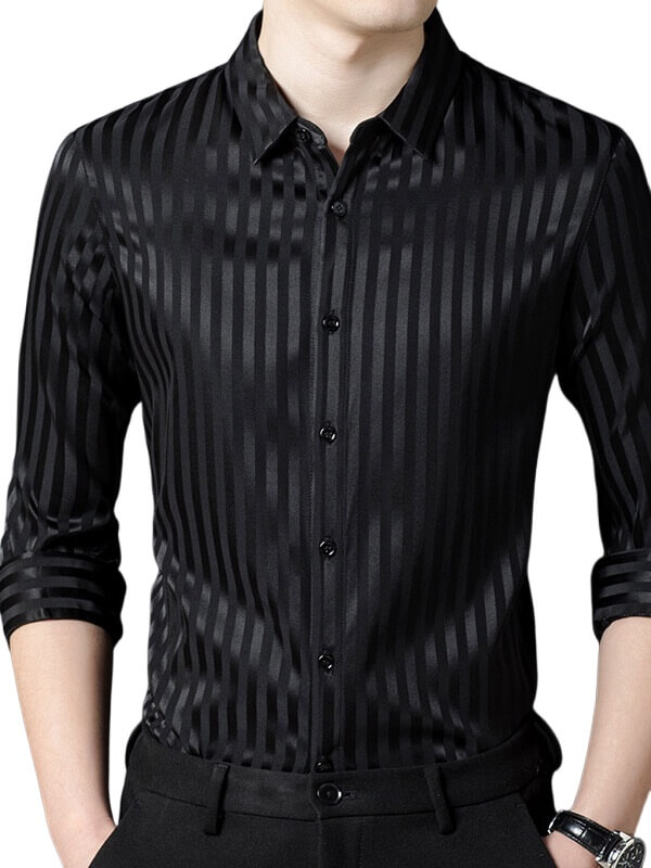 Striped Jacquard Long Sleeve Men's Stretch Silk Dress Shirt