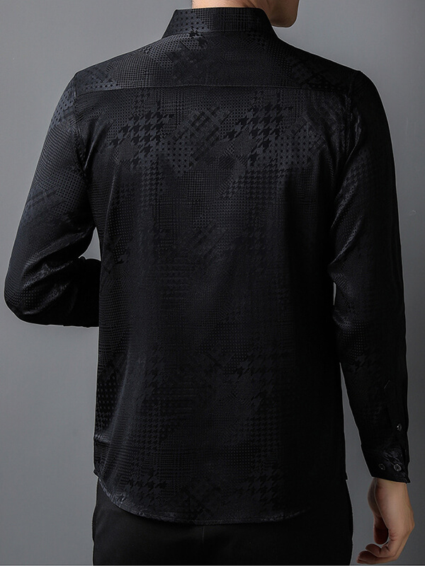 Men's Houndstooth Pattern Long Sleeve Button Down Silk Shirt