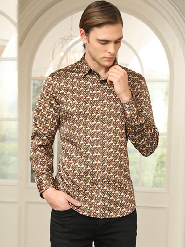 Brown Printed Mulberry Silk Shirt For Men