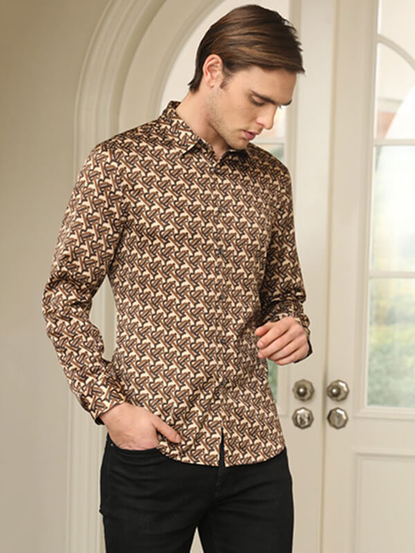Brown Printed Mulberry Silk Shirt For Men