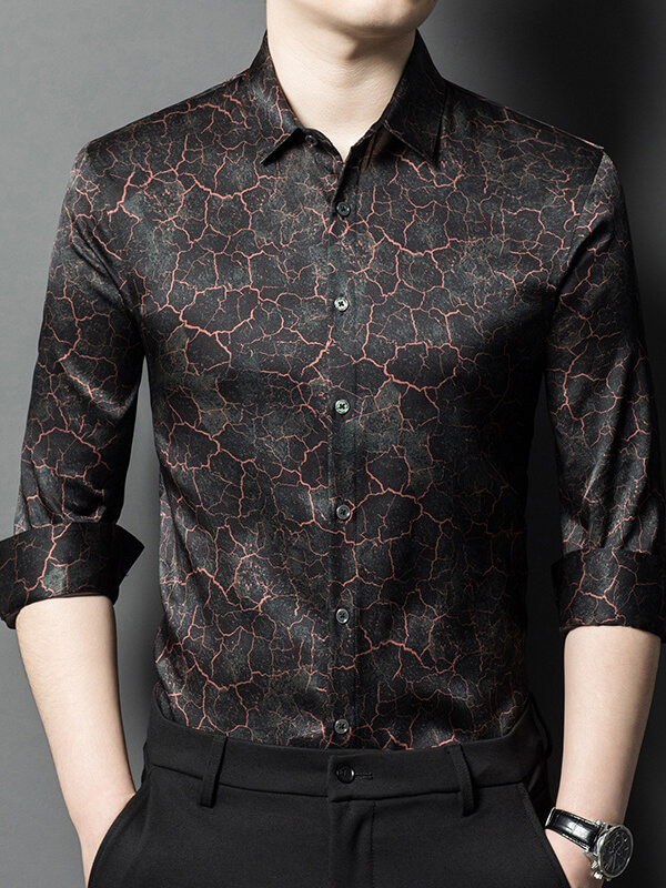 Stylish and Unique Long-Sleeve Black Crackle Pattern Silk Shirt