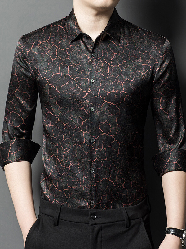 Stylish and Unique Long-Sleeve Black Crackle Pattern Silk Shirt