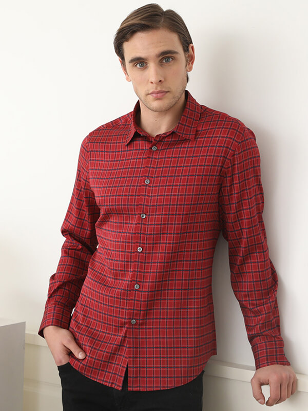 Red Plaid Mulberry Silk Shirts For Men