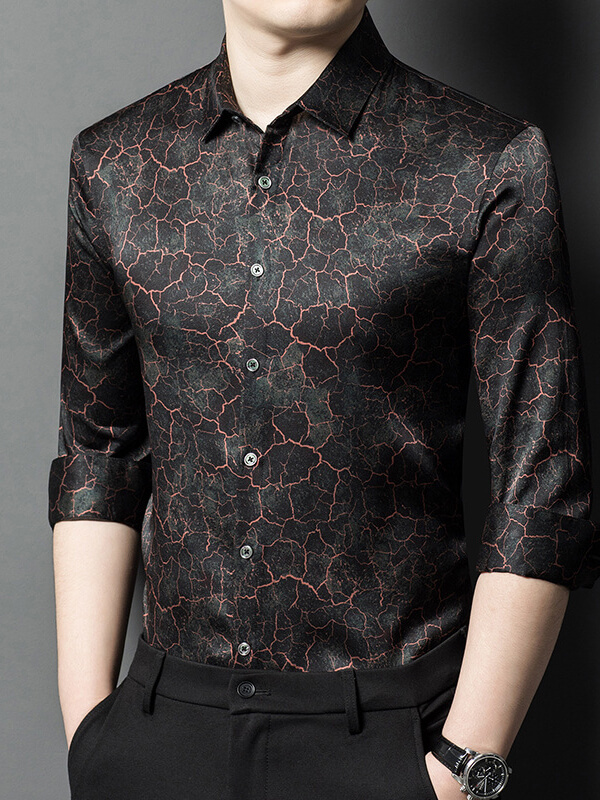 Stylish and Unique Long-Sleeve Black Crackle Pattern Silk Shirt