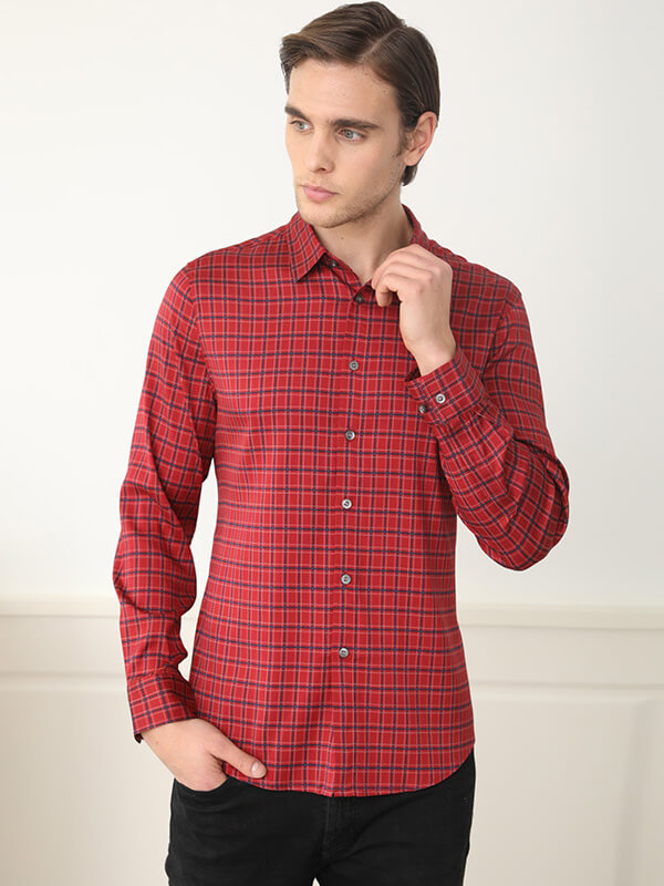 Red Plaid Mulberry Silk Shirts For Men