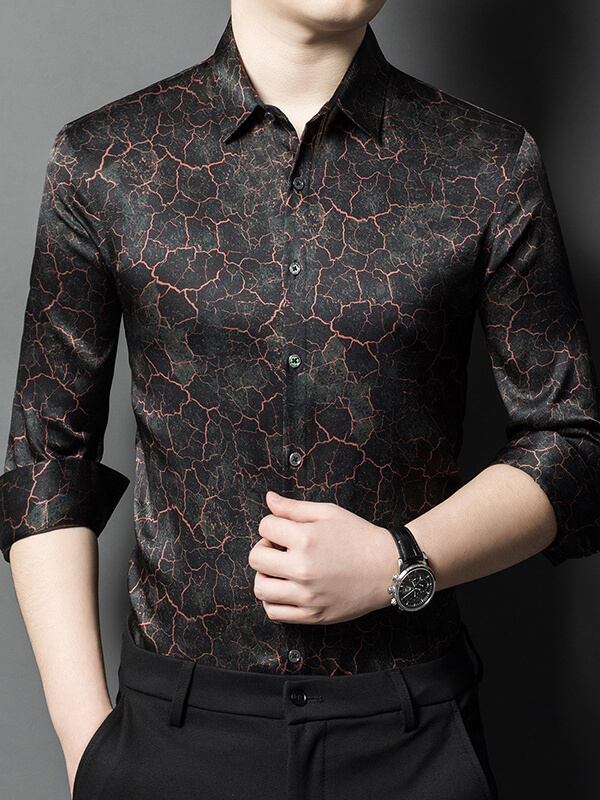 Stylish and Unique Long-Sleeve Black Crackle Pattern Silk Shirt