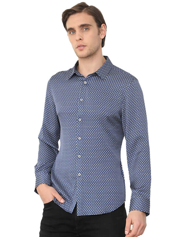 Dot Printed Navy Blue Men's Silk Shirt