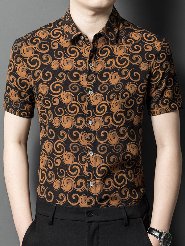 Men's Short Sleeve Black and Brown Swirl Pattern Silk Shirt