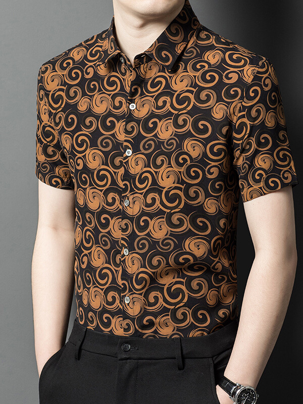 Men's Short Sleeve Black and Brown Swirl Pattern Silk Shirt