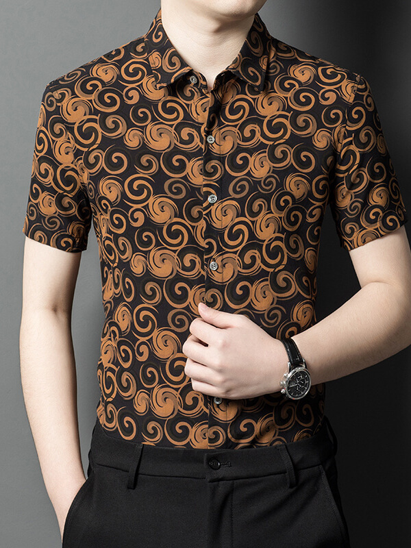 Men's Short Sleeve Black and Brown Swirl Pattern Silk Shirt