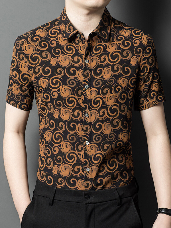 Men's Short Sleeve Black and Brown Swirl Pattern Silk Shirt