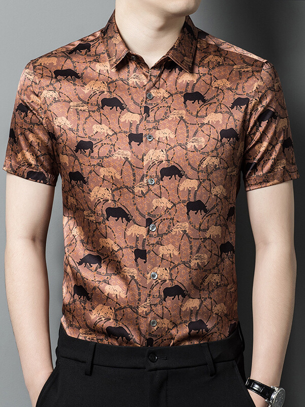 Casual Button-Down Short-Sleeve Safari Animal Print Silk Shirt