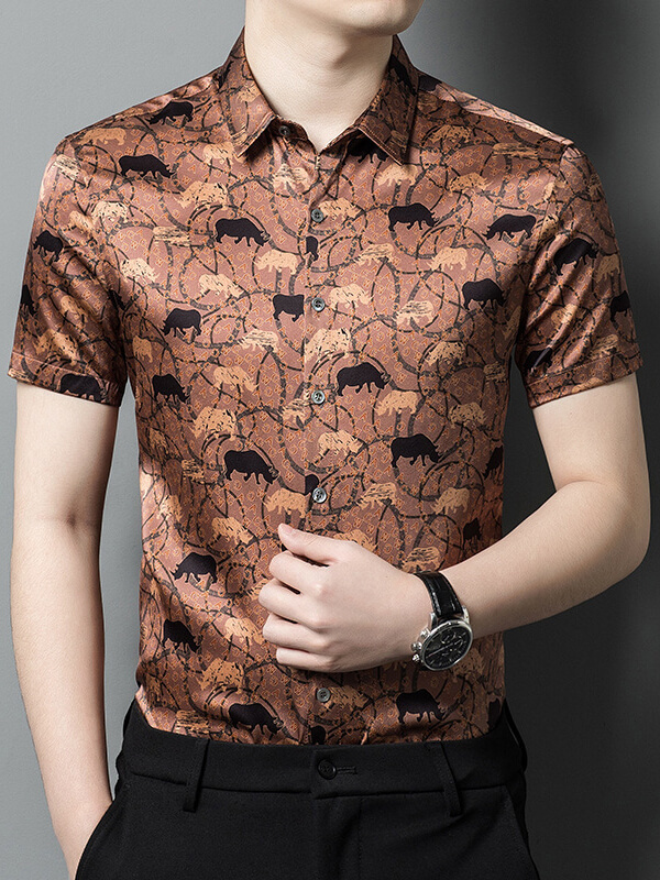 Casual Button-Down Short-Sleeve Safari Animal Print Silk Shirt