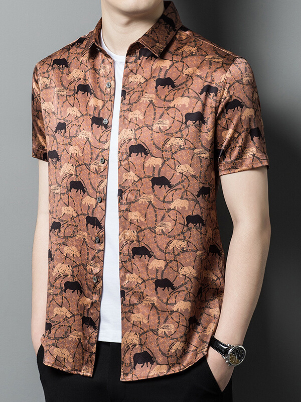 Casual Button-Down Short-Sleeve Safari Animal Print Silk Shirt