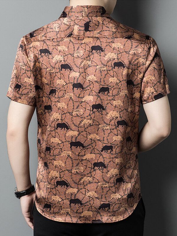 Casual Button-Down Short-Sleeve Safari Animal Print Silk Shirt