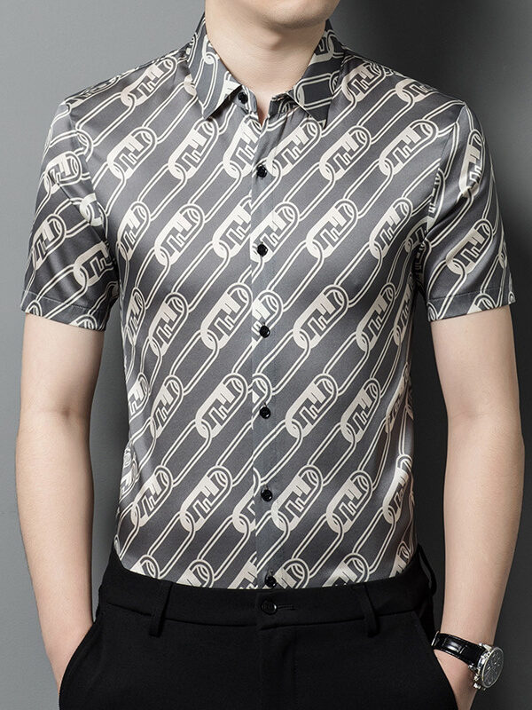 Men's Modern Gray Silk Shirt with Iconic Chain-Link Pattern
