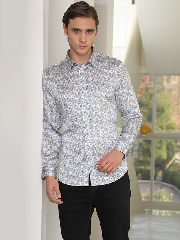 Men's Blue Printed Luxury Silk Shirts