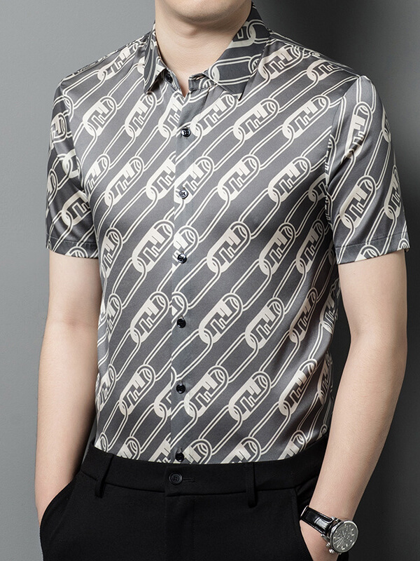 Men's Modern Gray Silk Shirt with Iconic Chain-Link Pattern