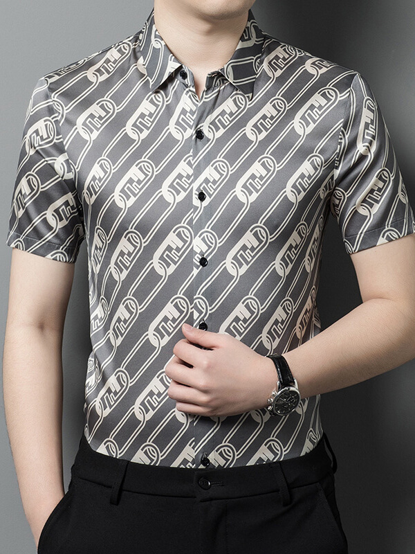 Men's Modern Gray Silk Shirt with Iconic Chain-Link Pattern