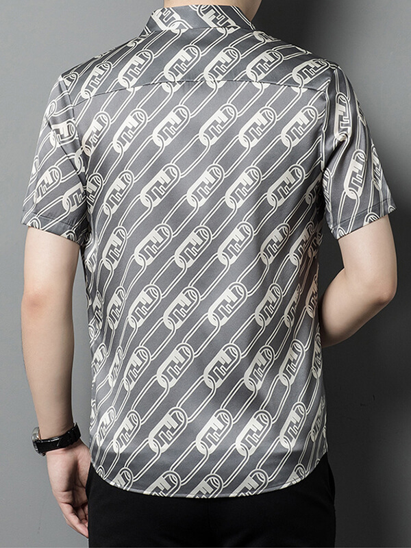 Men's Modern Gray Silk Shirt with Iconic Chain-Link Pattern