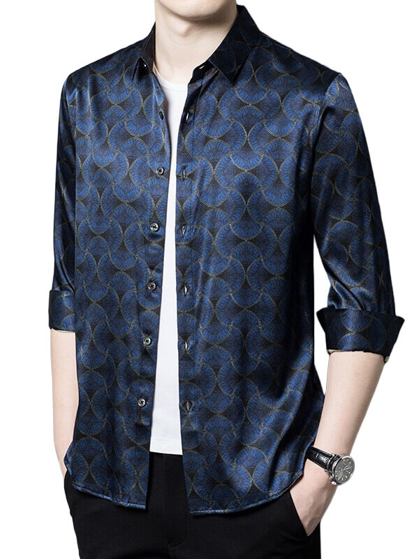 Dark Blue Printed Men's Long Sleeve Silk Shirts