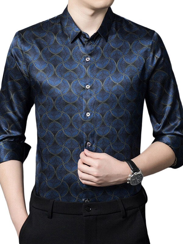 Dark Blue Printed Men's Long Sleeve Silk Shirts