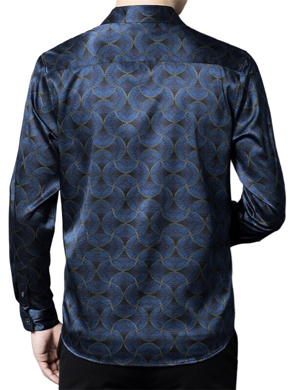 Dark Blue Printed Men's Long Sleeve Silk Shirts