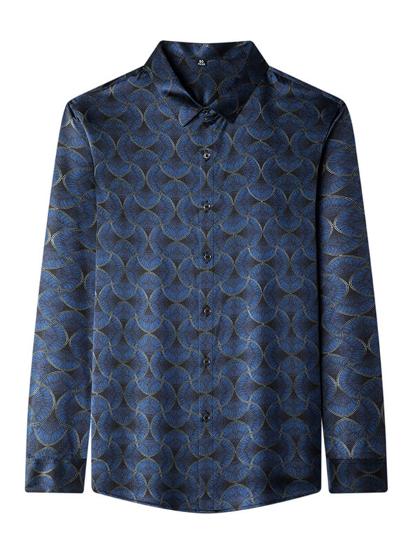 Dark Blue Printed Men's Long Sleeve Silk Shirts