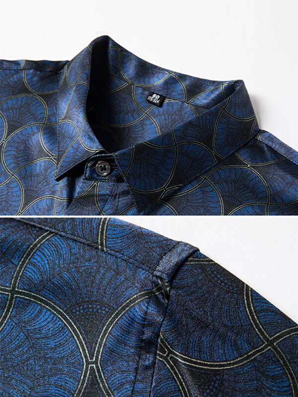 Dark Blue Printed Men's Long Sleeve Silk Shirts