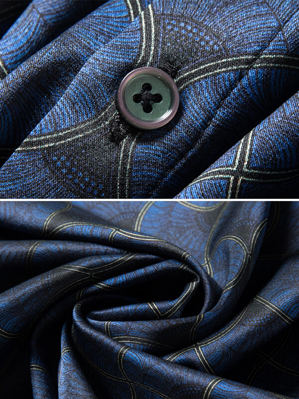 Dark Blue Printed Men's Long Sleeve Silk Shirts