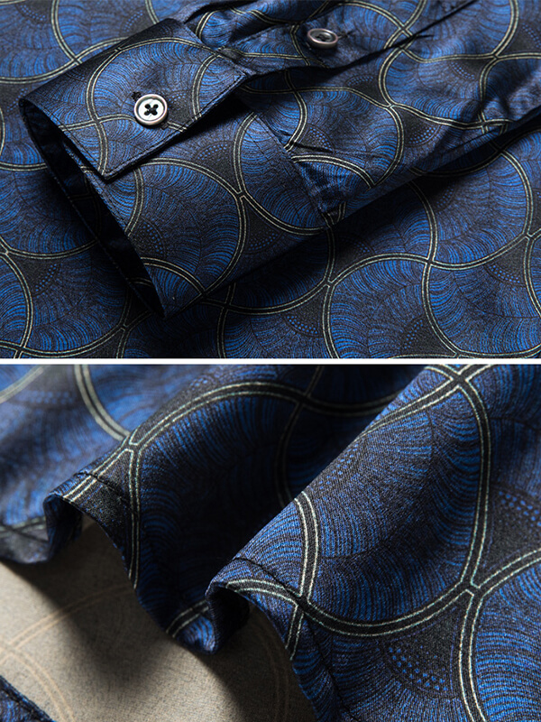 Dark Blue Printed Men's Long Sleeve Silk Shirts