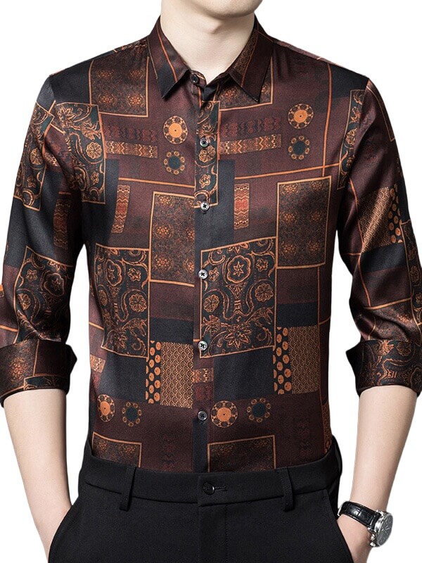 Men's Golden Brown Luxury Long Sleeve Silk Shirt