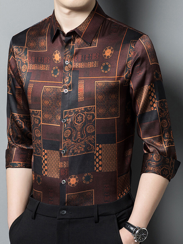 Men's Golden Brown Luxury Long Sleeve Silk Shirt