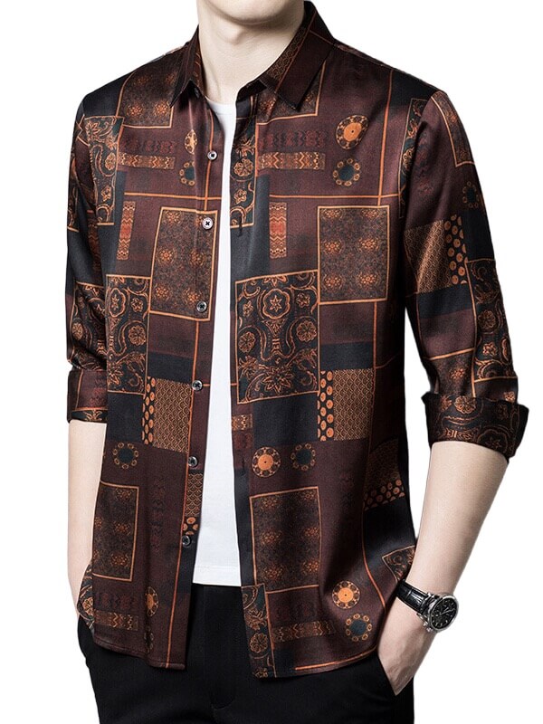 Men's Golden Brown Luxury Long Sleeve Silk Shirt