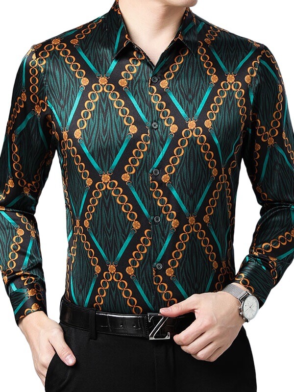 Men's Luxury Fashion Green Printed Silk Shirt