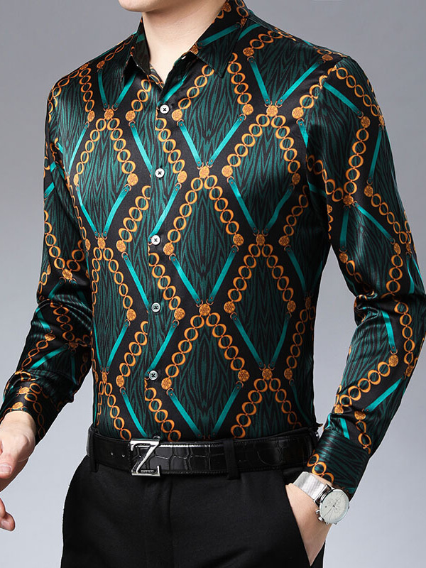 Men's Luxury Fashion Green Printed Silk Shirt