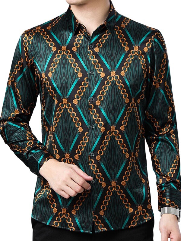 Men's Luxury Fashion Green Printed Silk Shirt