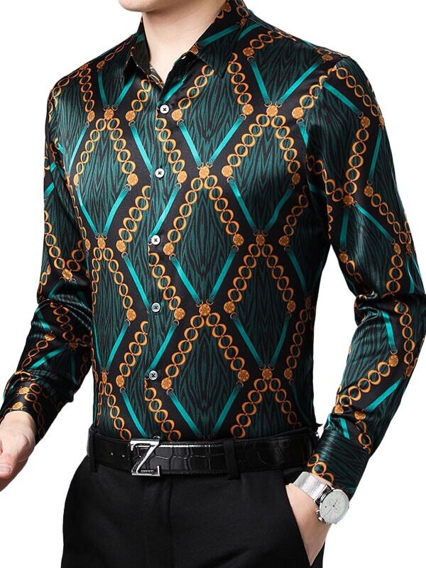 Men's Luxury Fashion Green Printed Silk Shirt