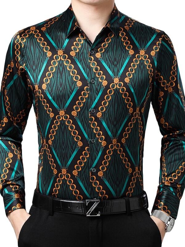 Men's Luxury Fashion Green Printed Silk Shirt