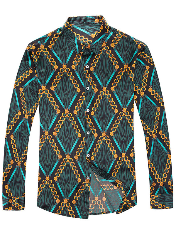 Men's Luxury Fashion Green Printed Silk Shirt