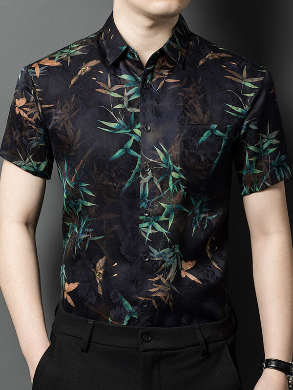 Mens Black Short Sleeve Silk Hawaiian Shirts Beach Shirt [FC022