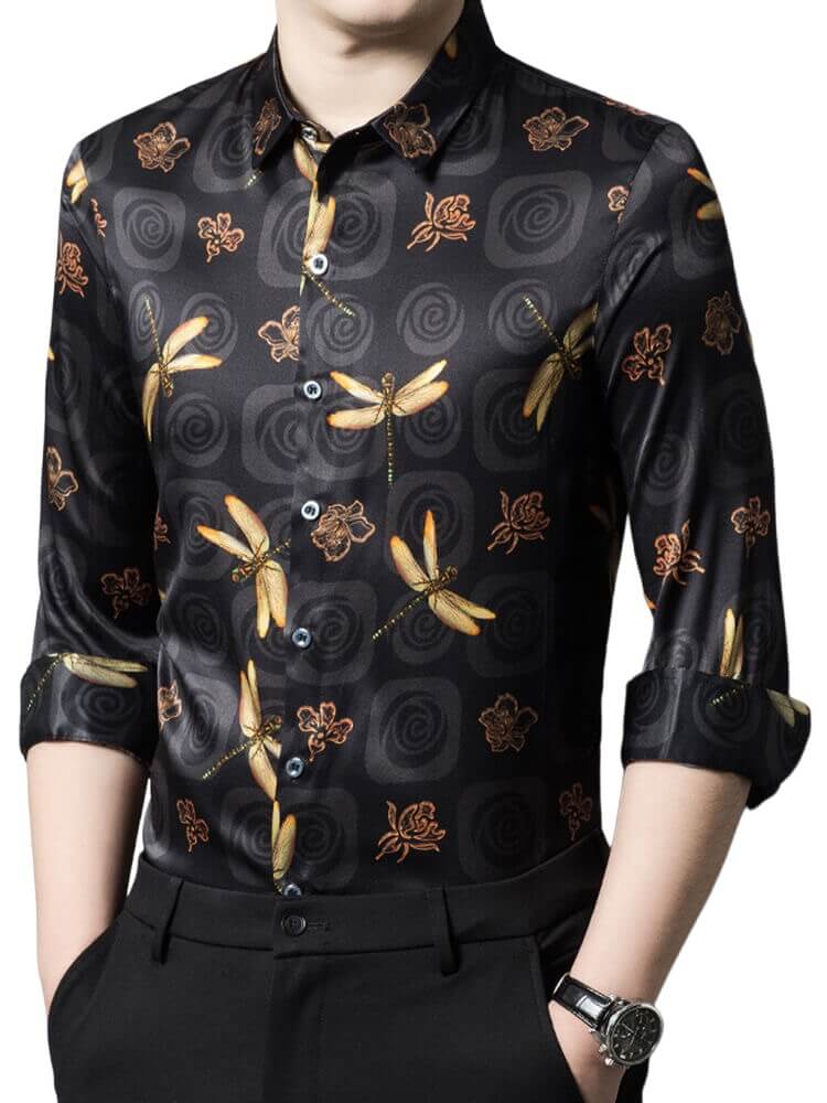 Dragonfly Printed Mens Black Long Sleeve Silk Shirt