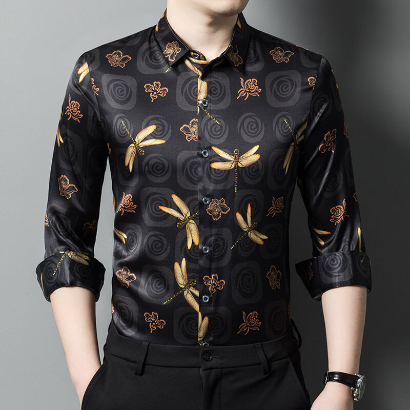 Dragonfly Printed Mens Black Long Sleeve Silk Shirt