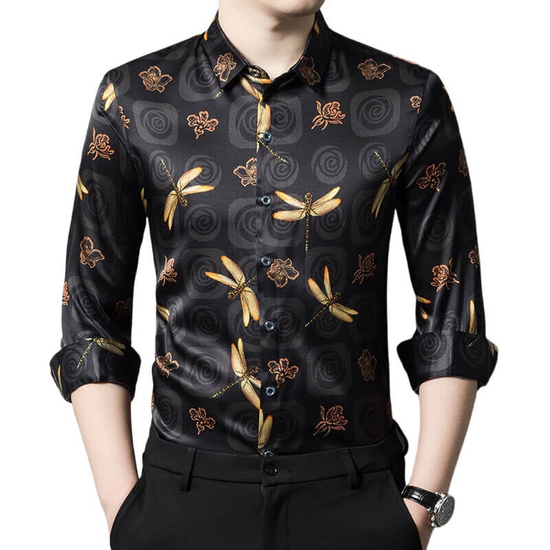 Dragonfly Printed Mens Black Long Sleeve Silk Shirt