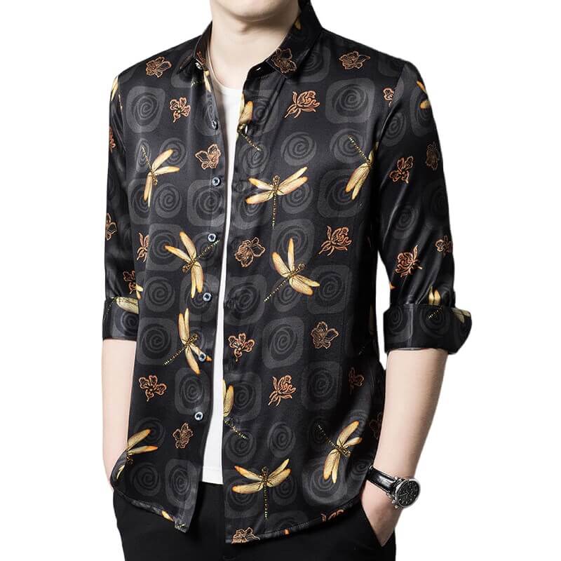 Dragonfly Printed Mens Black Long Sleeve Silk Shirt