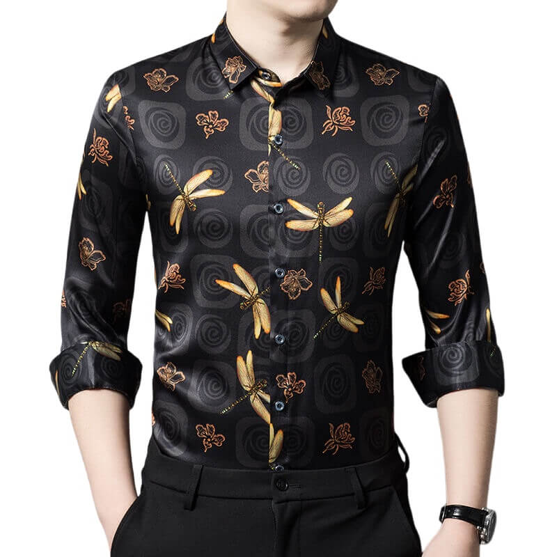 Dragonfly Printed Mens Black Long Sleeve Silk Shirt